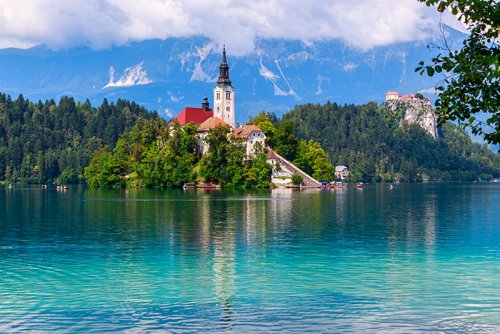 Lake Bled with historic Church Slovenia
