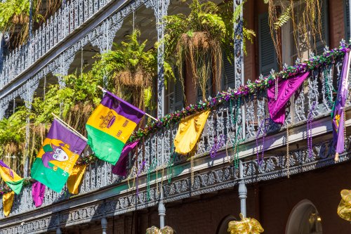 Southern USA French Quarter decorated for Mardi Gras in New Orleans