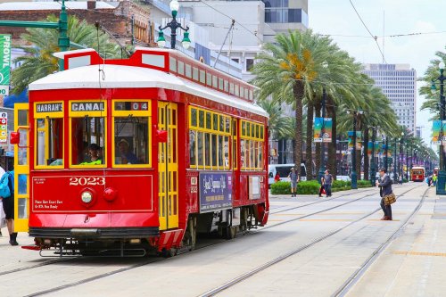Southern USA Red streetcar on Canal Street New Orleans2