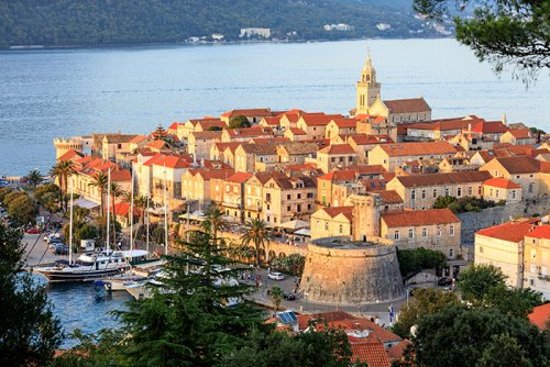 Sunset view over Korcula old town