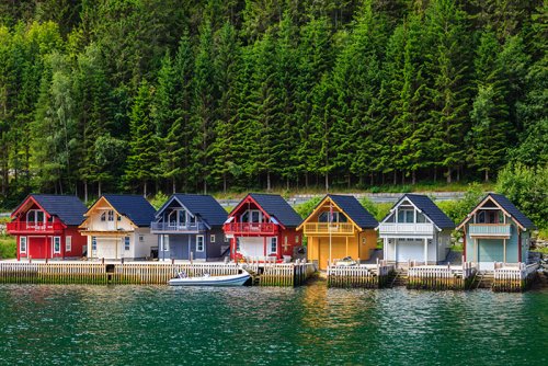 Traditional boat houses in Sognefjord Norway.